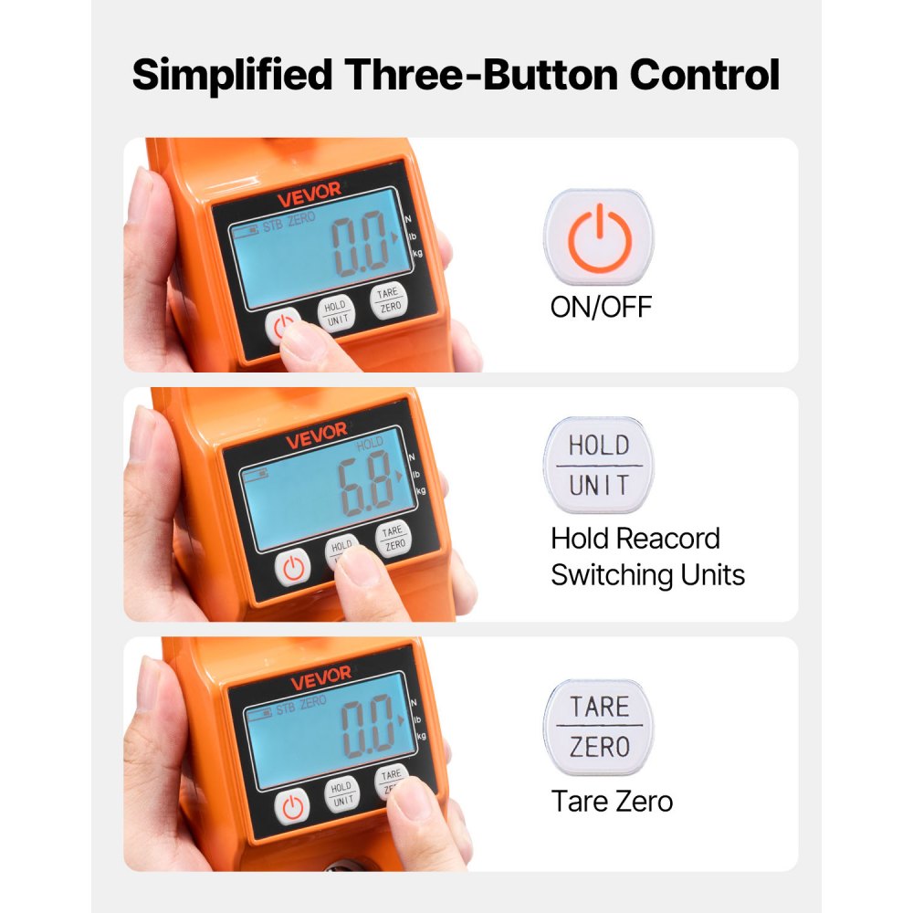 VEVOR Digital Crane Scale, 880 lbs/400 kg Max Capacity, Handheld Hanging Scale with Cast Aluminum Case & LCD Display, 100 g Division & 3 Unit Switch, Auto-Off Setting for Farm Hunting Fishing, Orange