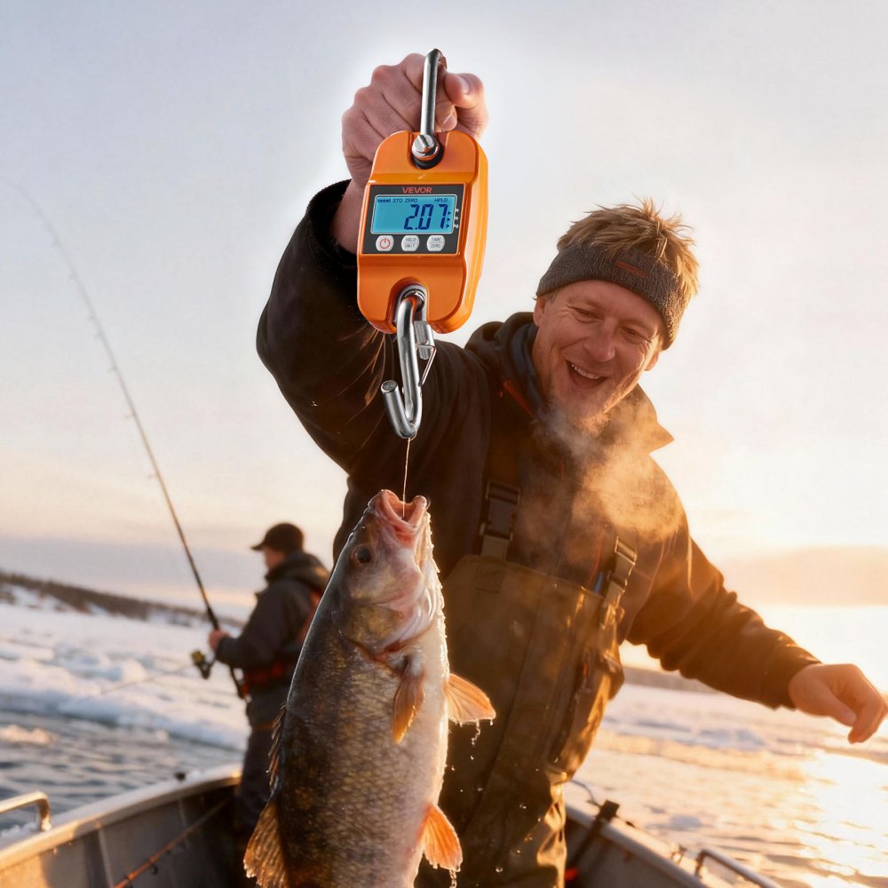 VEVOR Digital Crane Scale, 880 lbs/400 kg Max Capacity, Handheld Hanging Scale with Cast Aluminum Case & LCD Display, 100 g Division & 3 Unit Switch, Auto-Off Setting for Farm Hunting Fishing, Orange