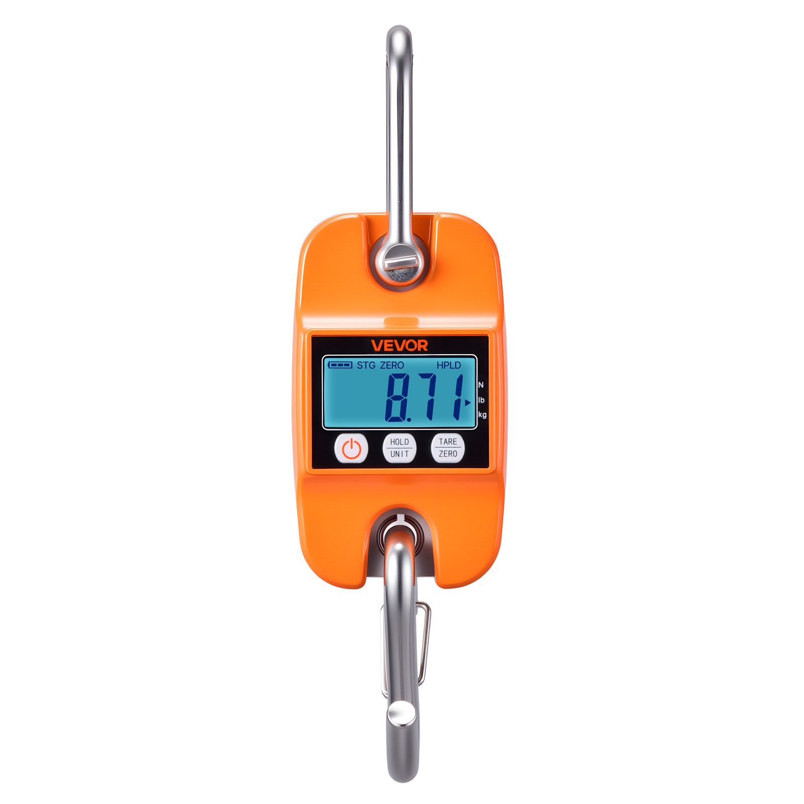 VEVOR Digital Crane Scale, 880 lbs/400 kg Max Capacity, Handheld Hanging Scale with Cast Aluminum Case & LCD Display, 100 g Division & 3 Unit Switch, Auto-Off Setting for Farm Hunting Fishing, Orange