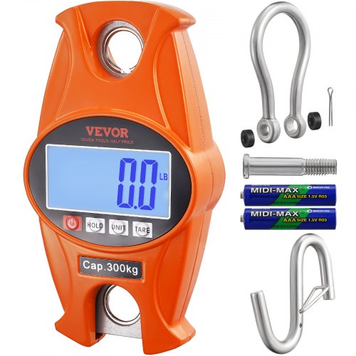 VEVOR Digital Crane Scale, 660 lbs/300 kg, Industrial Heavy Duty Hanging Scale with Cast Aluminum Case & LCD Screen, Handheld Mini Crane with Hooks for Farm, Hunting, Fishing, Outdoor, Garage (Orange)