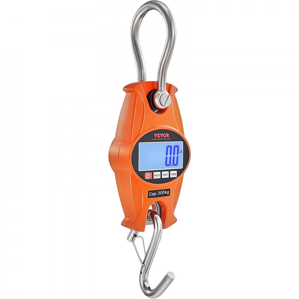 VEVOR Digital Crane Scale, 660 lbs/300 kg, Industrial Heavy Duty Hanging Scale with Cast Aluminum Case & LCD Screen, Handheld Mini Crane with Hooks for Farm, Hunting, Fishing, Outdoor, Garage (Orange)