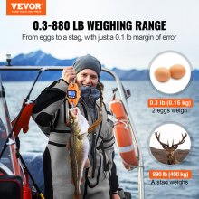 Digitaalinen VEVOR-nosturivaaka, 880 lbs/400 kg, Teollinen raskaaseen käyttöön tarkoitettu ripustusvaaka valetulla alumiinikotelolla ja LCD-näytöllä, käsikäyttöinen mininosturi koukuilla maatilalle, metsästykseen, kalastukseen, ulkokäyttöön, autotalli (oranssi)