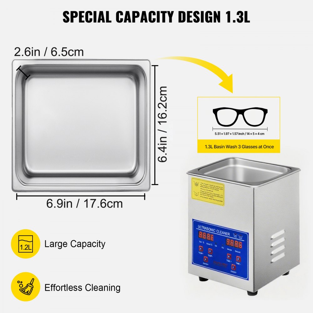 VEVOR Ultrasonic Cleaner 1.3 L Ultrasonic Parts Cleaner with Heater Timer, 0-30 min Time Setting, with LED Digital Display