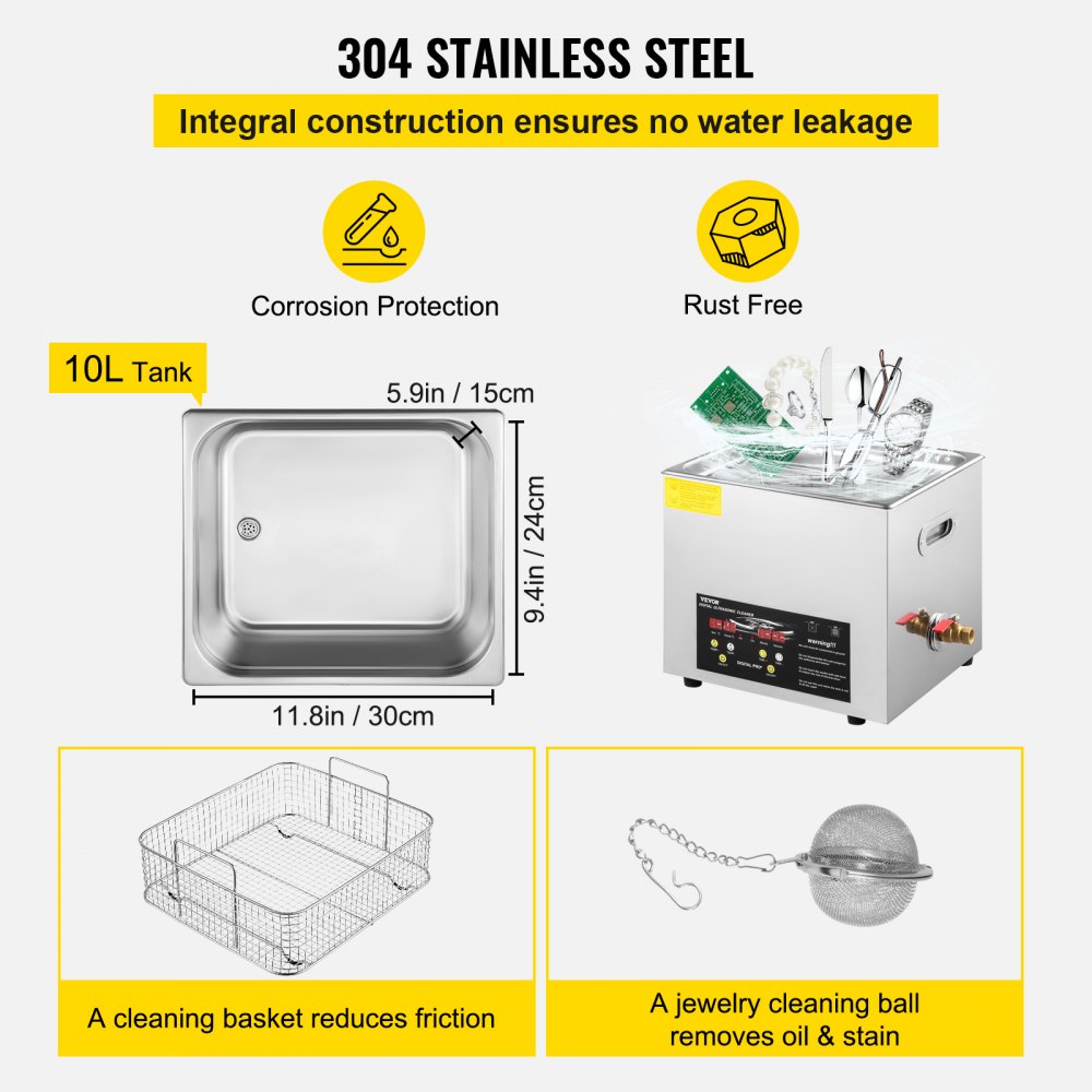 VEVOR 10L Upgraded Ultrasonic Cleaner (400W Heater,240W Ultrasonic) Professional Digital Lab Ultrasonic Cleaner with Heater Timer for Parts Instruments Cleaning