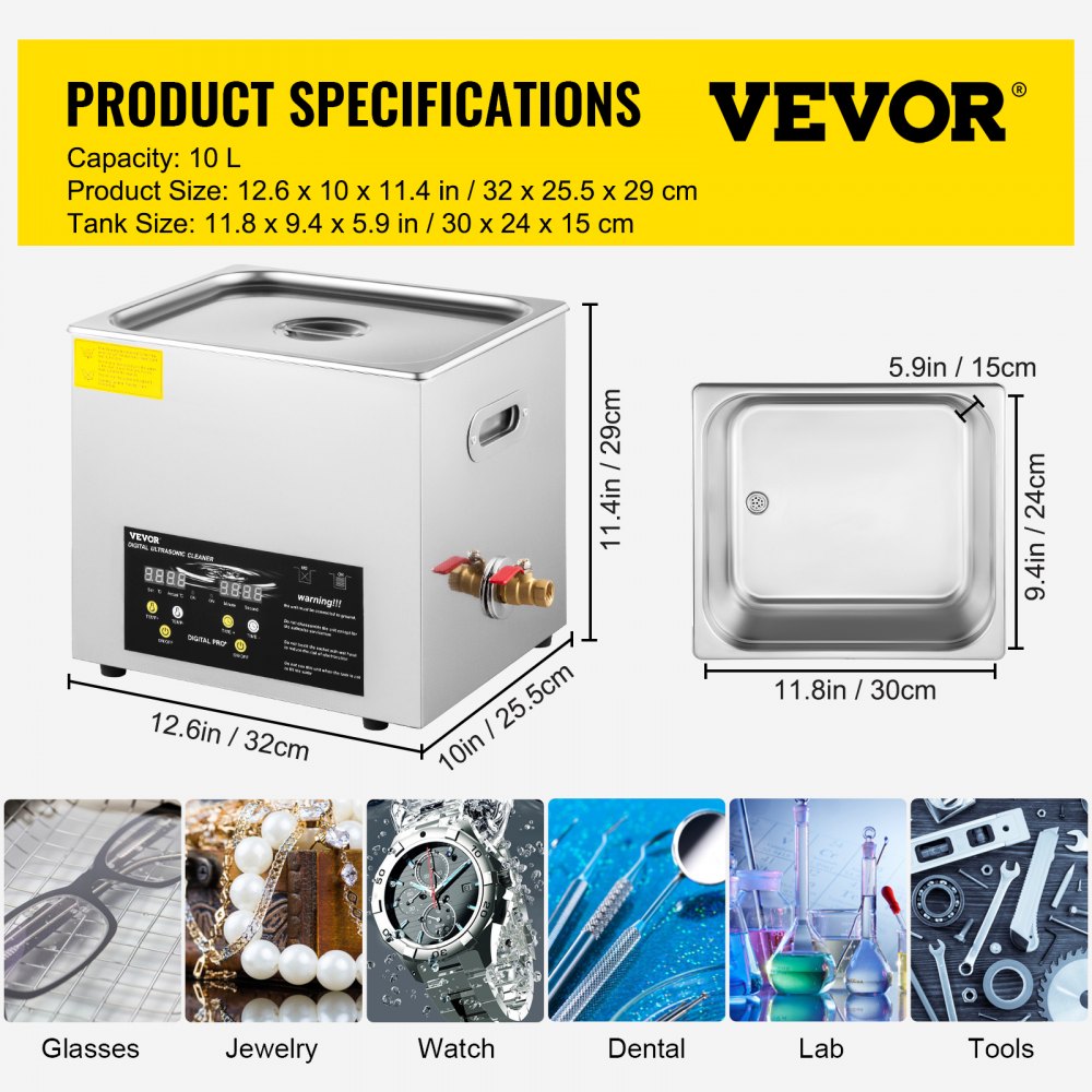 VEVOR 10L Upgraded Ultrasonic Cleaner (400W Heater,240W Ultrasonic) Professional Digital Lab Ultrasonic Cleaner with Heater Timer for Parts Instruments Cleaning
