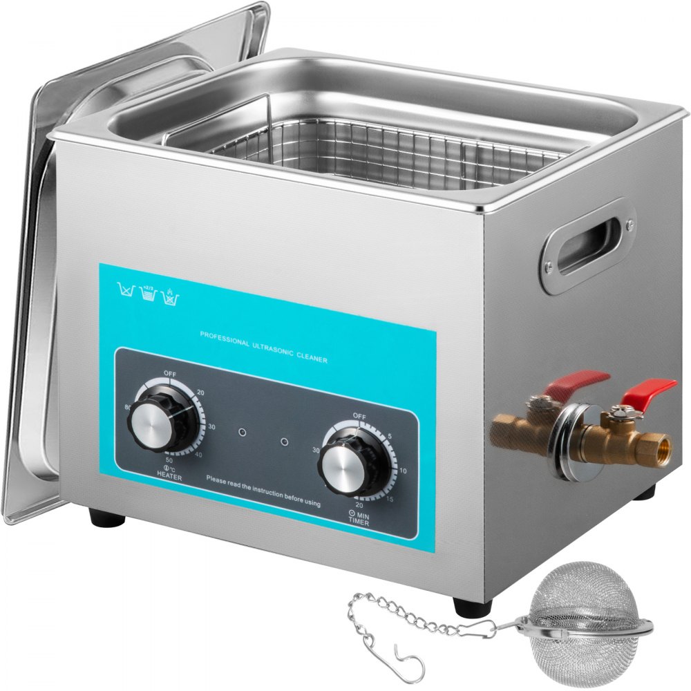 VEVOR ultrasonic cleaner with control knobs, power cord, drain valve, and basket.
