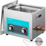 VEVOR ultrasonic cleaner with control knobs, power cord, drain valve, and basket.
