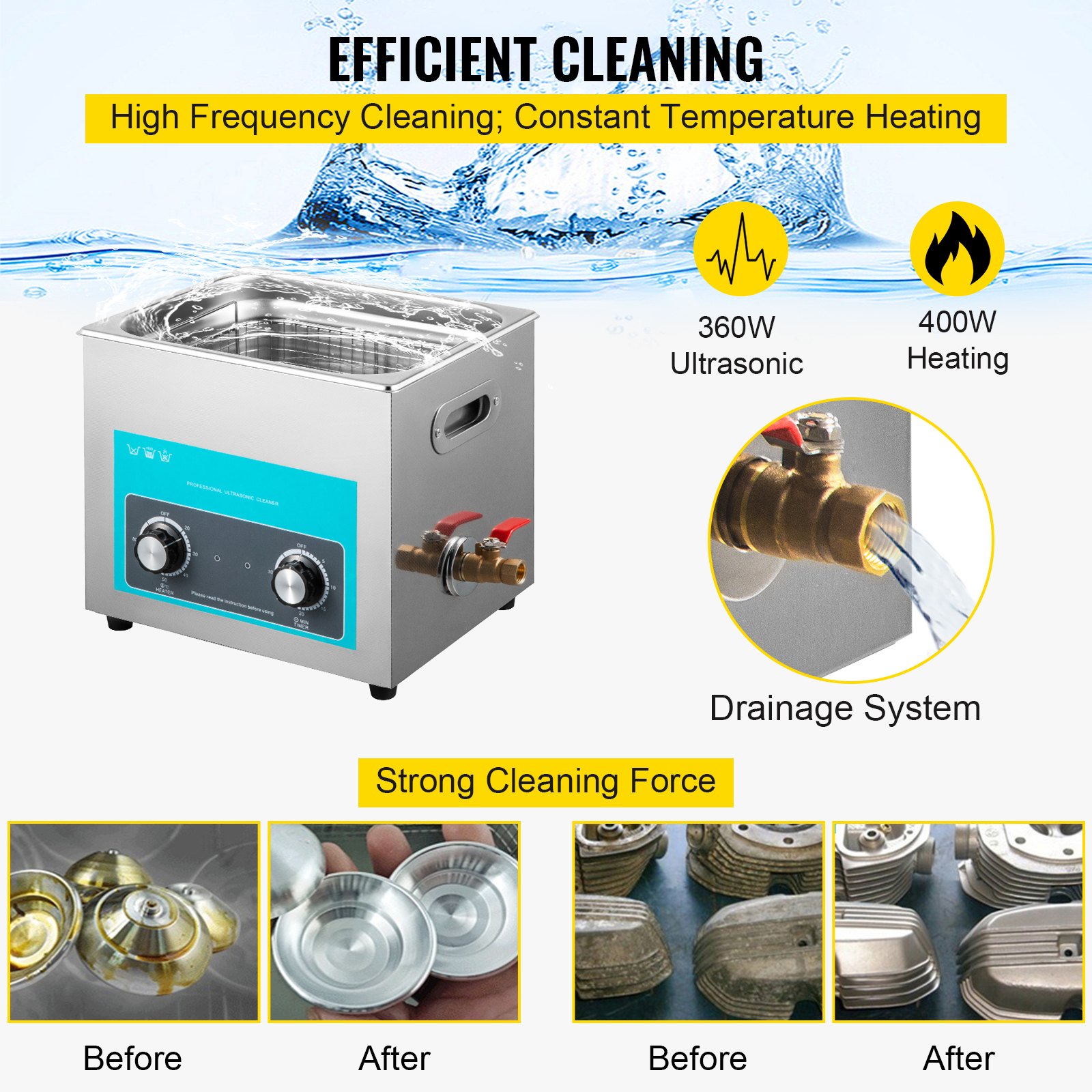 VEVOR Knob Ultrasonic Cleaner 40kHz Ultrasonic Cleaning Machine Knob Control Sonic Cleaner 304 Stainless Steel Cleaner Machine with Heater & Timer for Cleaning Jewelry Eyeglasses Watches (15L)