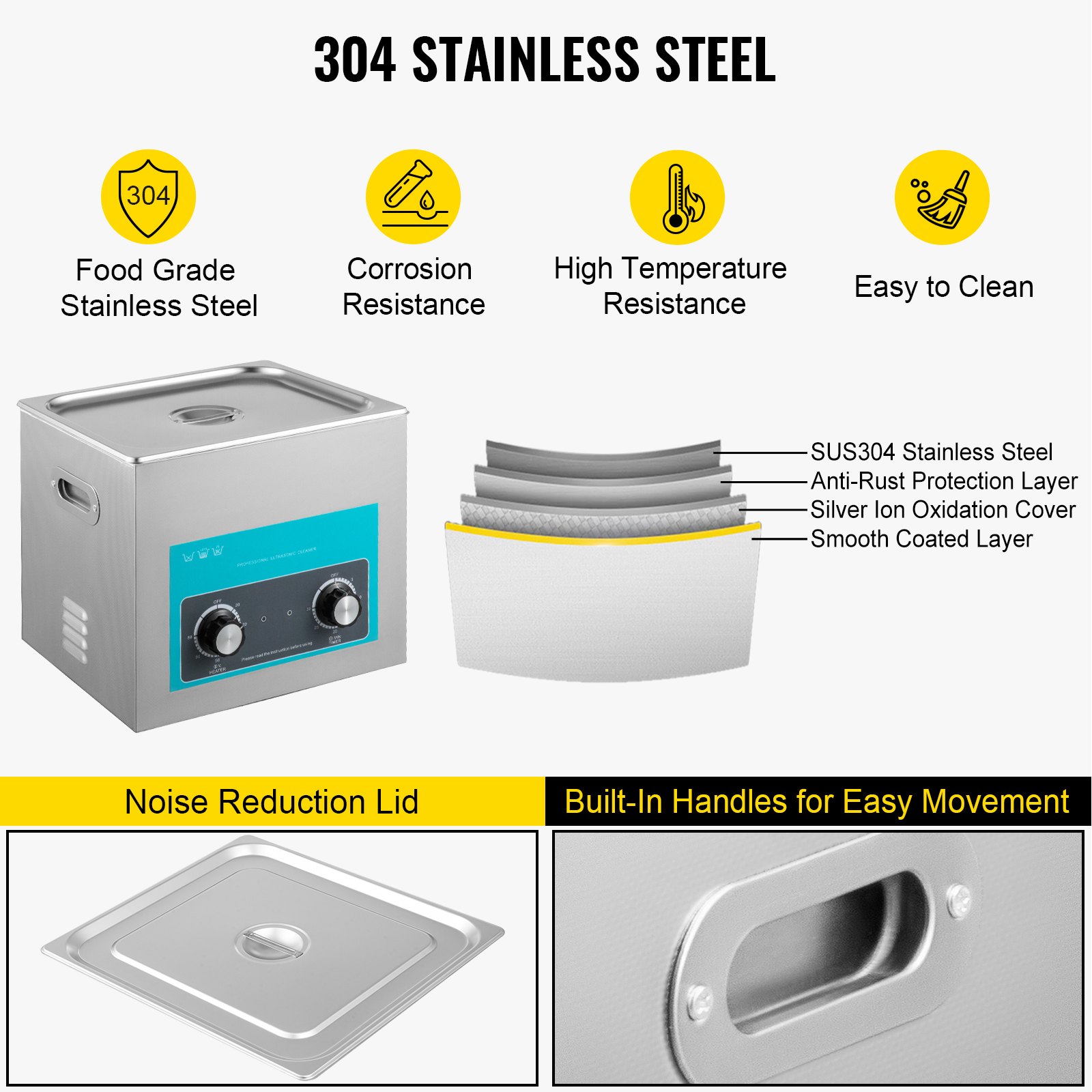 VEVOR Knob Ultrasonic Cleaner 40kHz Ultrasonic Cleaning Machine Knob Control Sonic Cleaner 304 Stainless Steel Cleaner Machine with Heater & Timer for Cleaning Jewelry Eyeglasses Watches (15L)