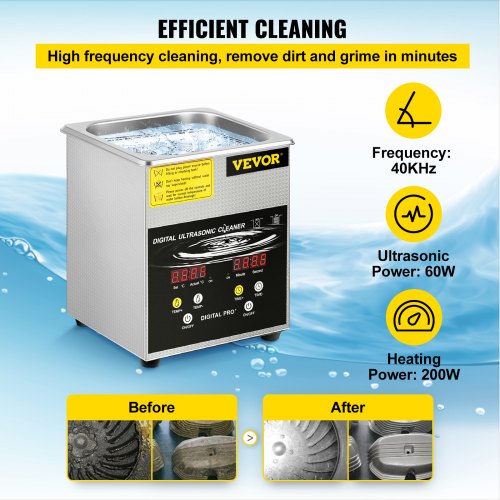 VEVOR Ultrasonic Cleaner 2L Stainless Steel 260W Industry Heated w/Timer Heater