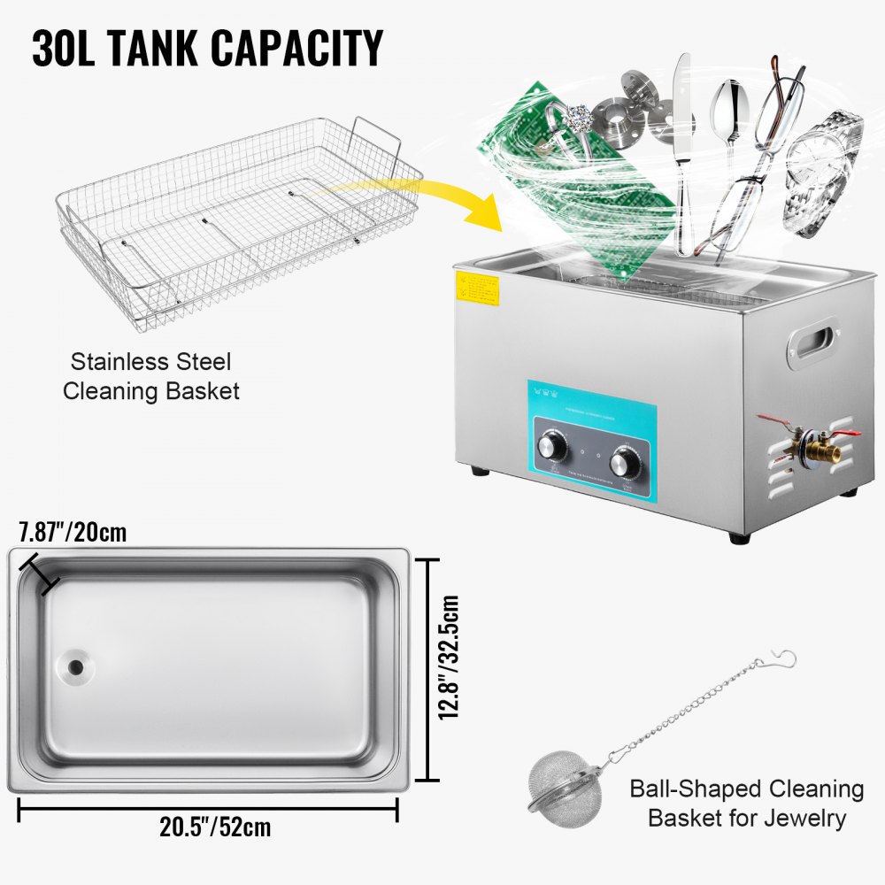 VEVOR 30L Ultrasonic Cleaner Jewelry Cleaner with Heater Timer for Jewelry Cleaning Knob Control Eyeglass Rings Dentures Music Instruments