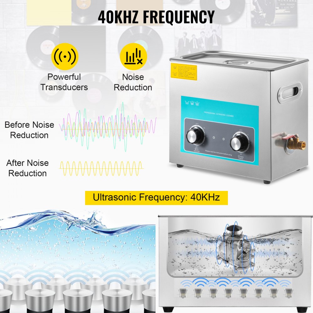 VEVOR Knob Ultrasonic Cleaner 40kHz Ultrasonic Cleaning Machine Knob Control Sonic Cleaner 304 Stainless Steel Cleaner Machine with Heater & Timer for Cleaning Jewelry Eyeglasses Watches(6.5L)