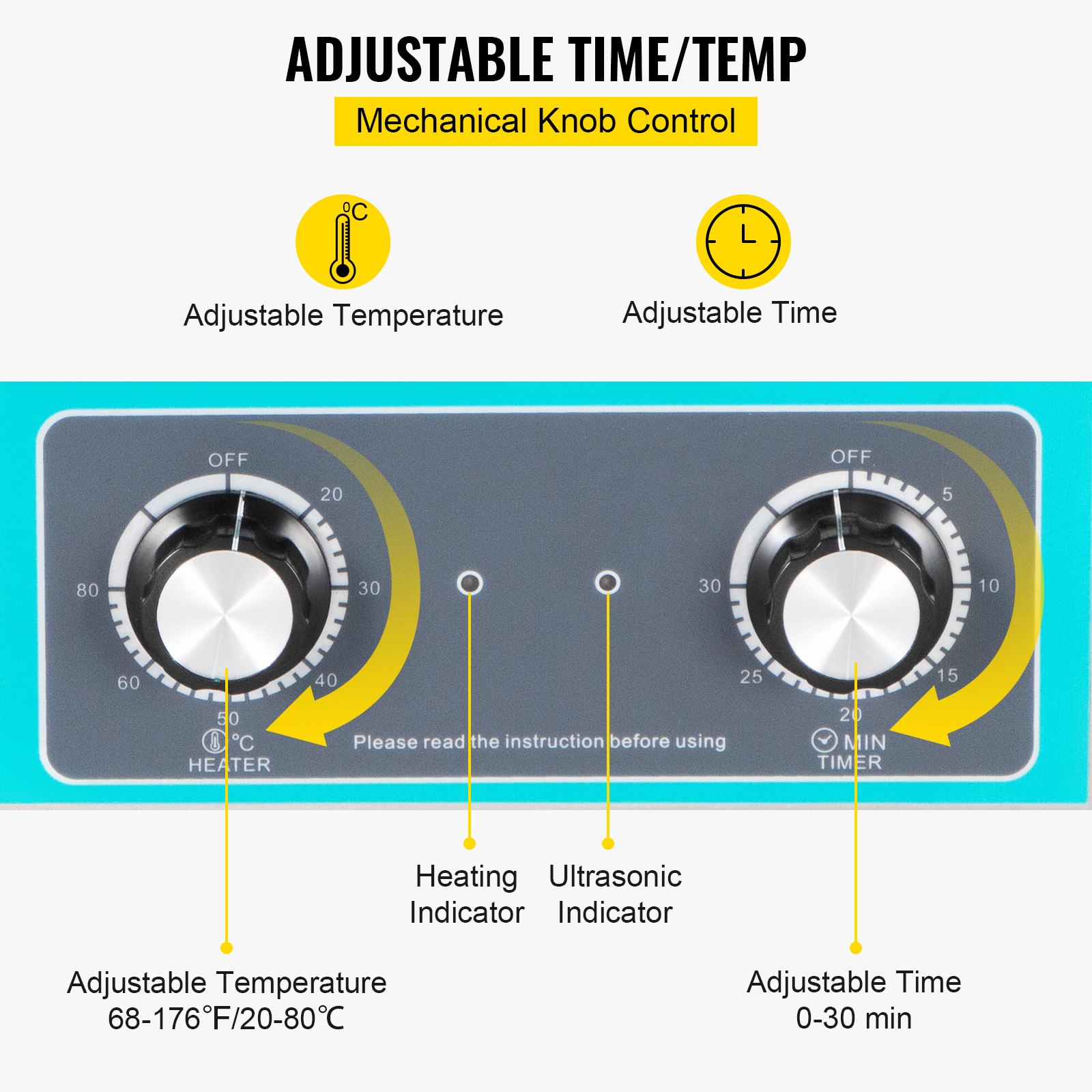 VEVOR Knob Ultrasonic Cleaner 40kHz Ultrasonic Cleaning Machine Knob Control Sonic Cleaner 304 Stainless Steel Cleaner Machine with Heater & Timer for Cleaning Jewelry Eyeglasses Watches(6.5L)