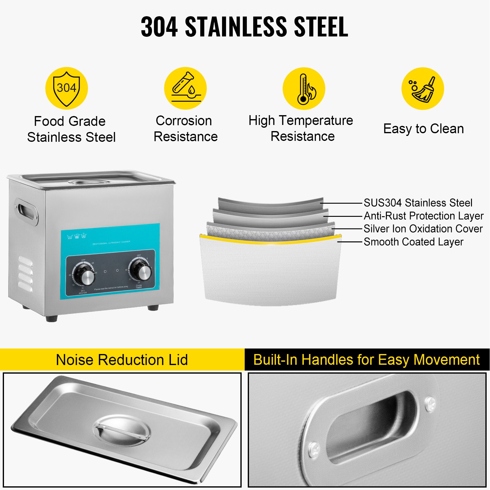 VEVOR Knob Ultrasonic Cleaner 40kHz Ultrasonic Cleaning Machine Knob Control Sonic Cleaner 304 Stainless Steel Cleaner Machine with Heater & Timer for Cleaning Jewelry Eyeglasses Watches(6.5L)