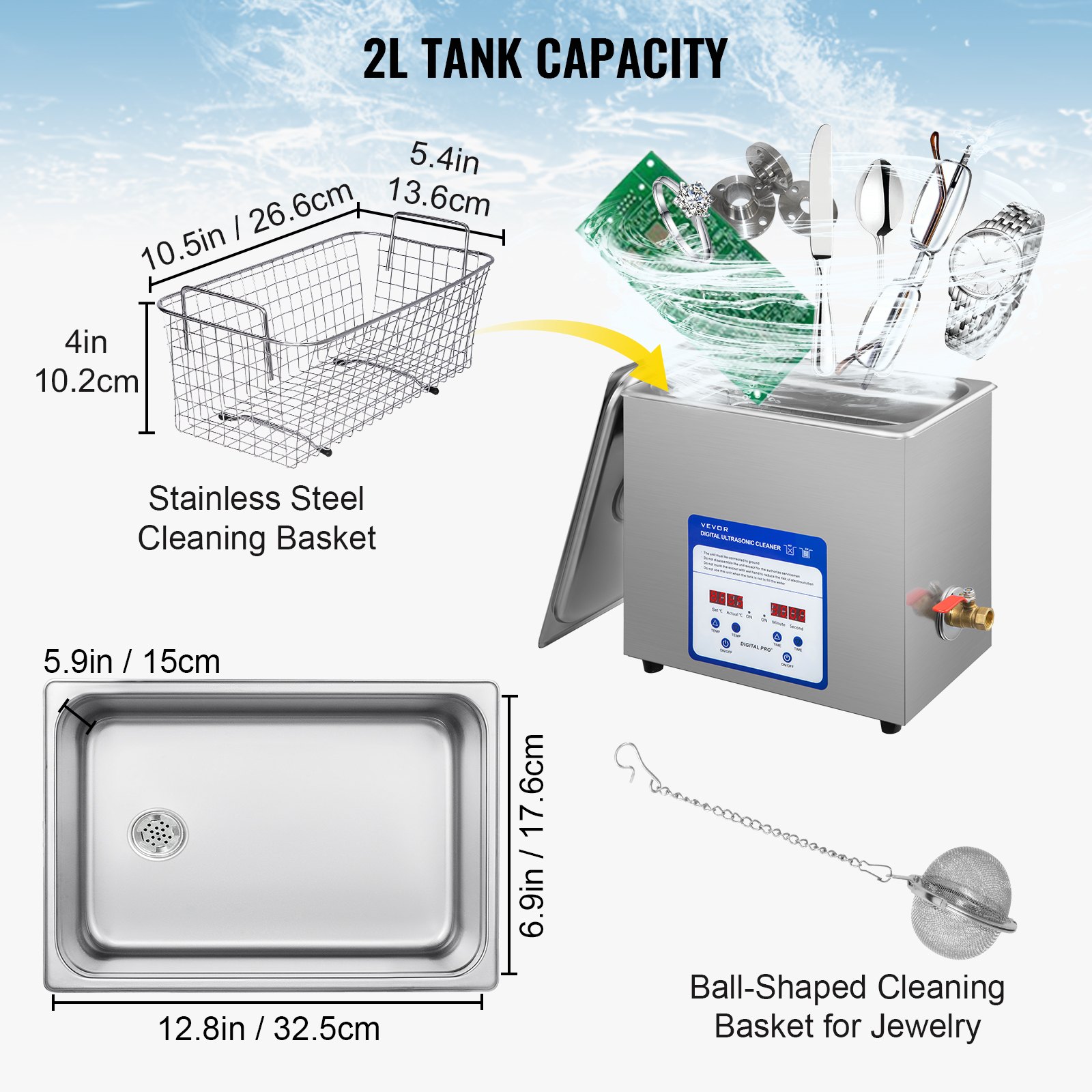 VEVOR Digital Ultrasonic Cleaner 6L with Heater Timer for Dentures Jewelry Coins