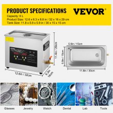 VEVOR 6L Upgraded Ultrasonic Cleaner Professional Digital Lab Ultrasonic Parts Cleaner with Heater Timer for Jewelry Glasses Cleaning (400W Heater,180W Ultrasonic)