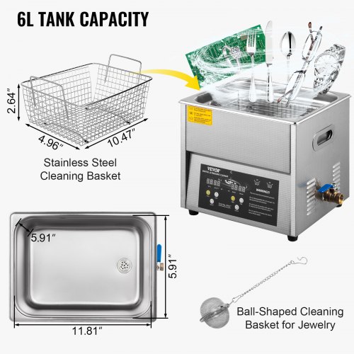 VEVOR Digital Ultrasonic Cleaner 6L Ultrasonic Cleaning Machine 50kHz 110V Sonic Cleaner Machine 304 Stainless Steel Ultrasonic Cleaner Machine with Heater & Timer for Cleaning Jewelry Glasses Watches