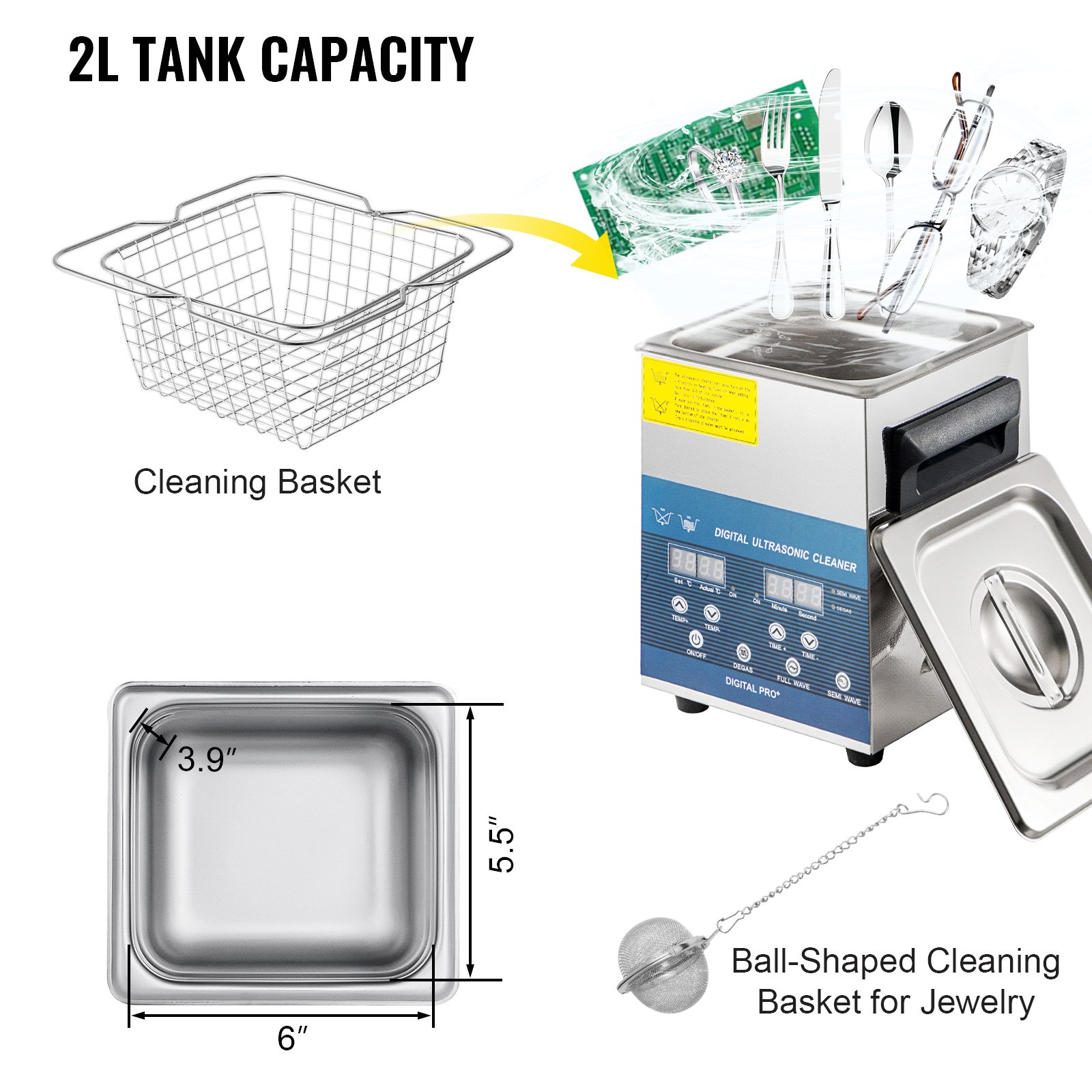 VEVOR 2L Ultrasonic Cleaner Cleaning Equipment Industry Heated W/ Timer Heater