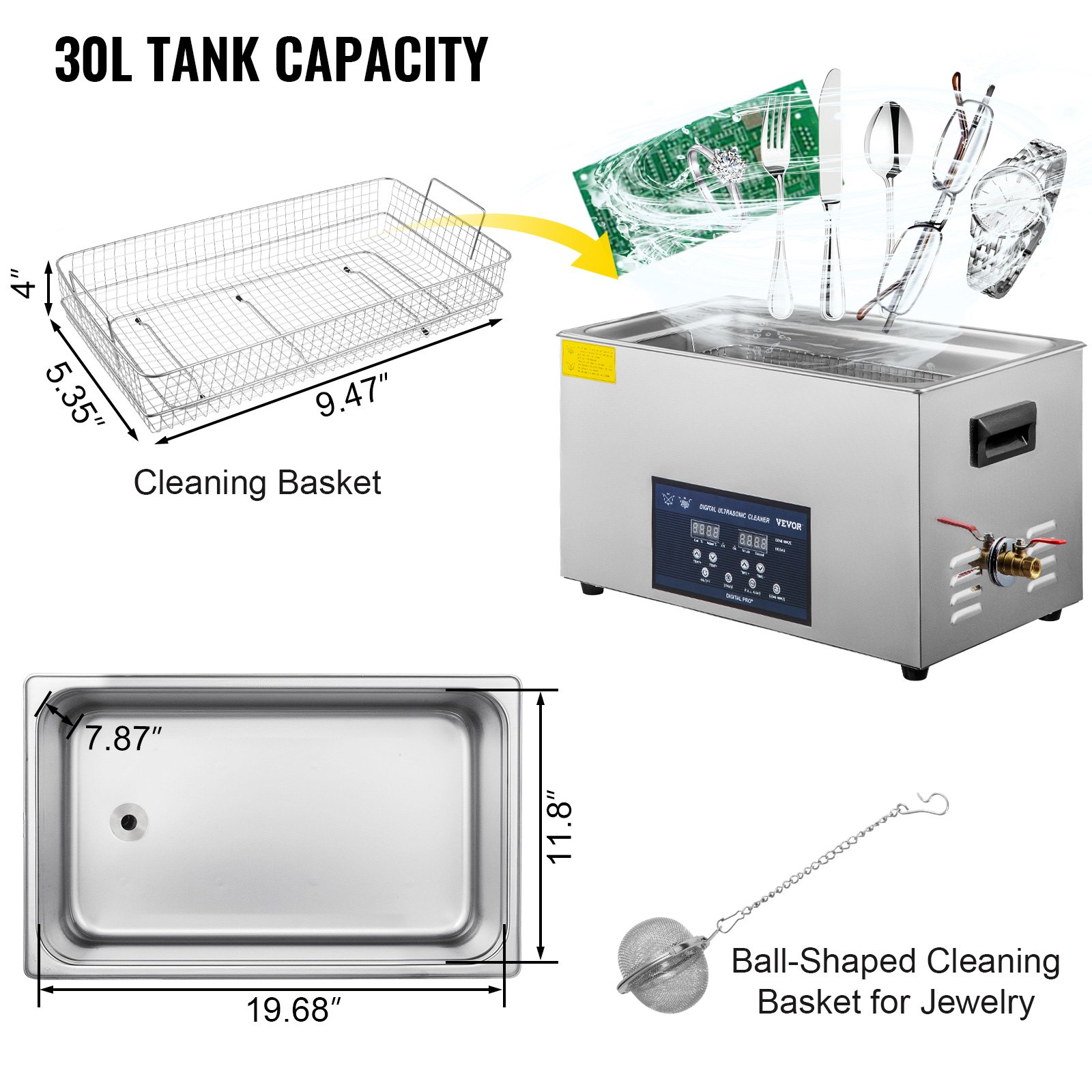 VEVOR 30L Ultrasonic Cleaner Cleaning Equipment Industry Heated W/ Timer Heater
