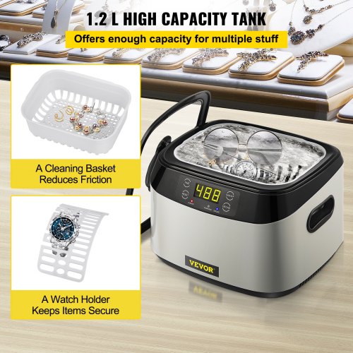 VEVOR Ultrasonic Machine, 1.2L Ultrasound Cleaner Machine, 40KHz Diamond Cleaner, 4 Buttons Jewelry Cleaner Machine, 70W Professional Ultrasonic Cleaner for Jewelry, Eyeglasses, Watches, Coins, Rings