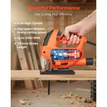 VEVOR Jig Saw Electric Jigsaw 6.5 Amp 3000 SPM Blade Speed with 6 pcs Blades LED