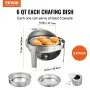 VEVOR roll top chafing dish with burgers, dimensions, and individual components in a 2-pack set.