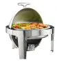 stainless steel VEVOR roll top chafing dish with food, featuring a sleek round design and food warmer.