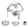 VEVOR roll top chafing dish with dome lid, fuel holder, and two round stainless steel inserts.