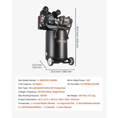 VEVOR 20-Gallon Air Compressor 2HP 6.5SCFM at 90PSI Max 135PSI Pressure Oil-Lubricated Air Compressor Tank Portable on Wheels For Auto Repair Tire