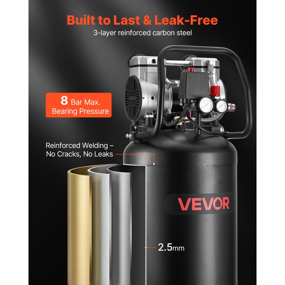 VEVOR 50L Air Compressor, 1.5 kW 113L/min at 6.2 Bar, Max 8 Bar Pressure Oil-Free Air Compressor Tank, Portable on Wheels for Auto Repair, Tire Inflation, Spray Painting, Woodwork Nailing