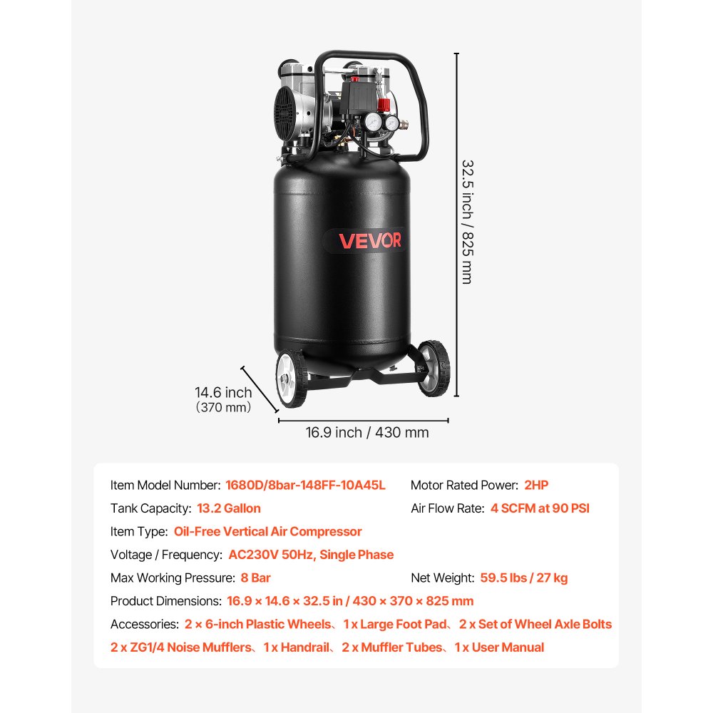 VEVOR 50L Air Compressor, 1.5 kW 113L/min at 6.2 Bar, Max 8 Bar Pressure Oil-Free Air Compressor Tank, Portable on Wheels for Auto Repair, Tire Inflation, Spray Painting, Woodwork Nailing
