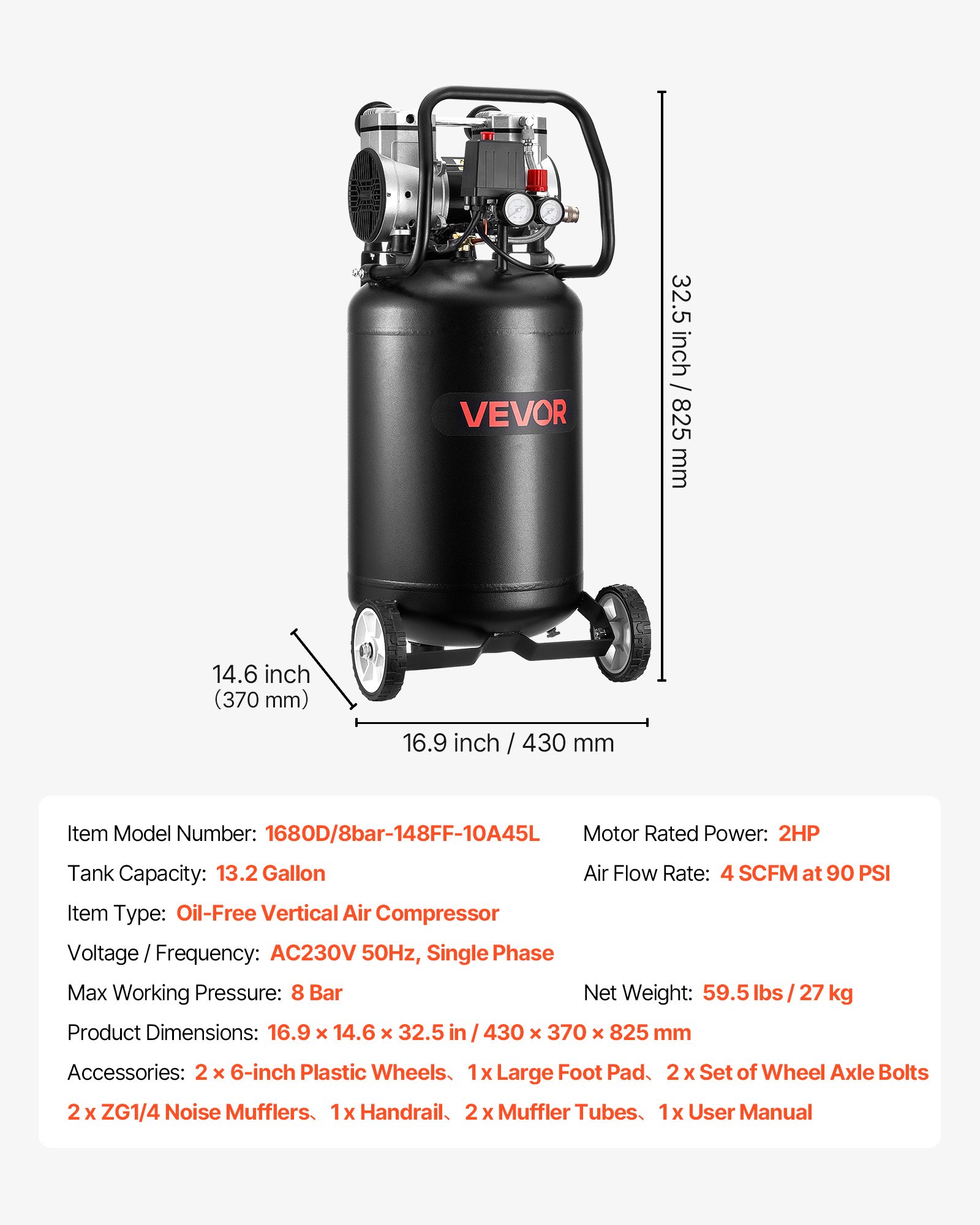 VEVOR 50L Air Compressor, 1.5 kW 113L/min at 6.2 Bar, Max 8 Bar Pressure Oil-Free Air Compressor Tank, Portable on Wheels for Auto Repair, Tire Inflation, Spray Painting, Woodwork Nailing
