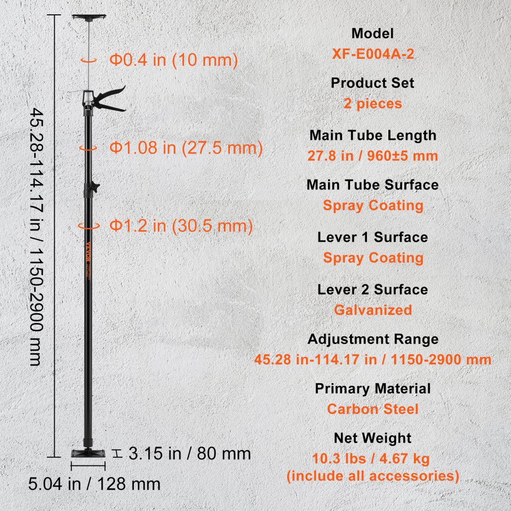 VEVOR Adjustable Support Pole, 2 Pcs 66 lbs Capacity 3rd Hand Support System, 45.2 in - 114.17 in Telescoping Support Pole, with Storage Bag, for Cabinet Jacks, Cargo Bars, Drywalls, Tire Jack
