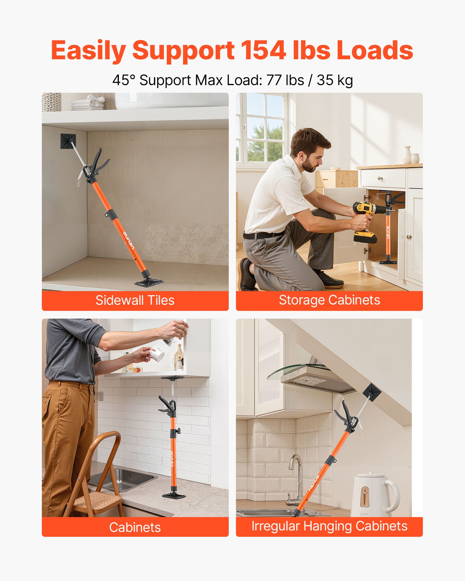 VEVOR Cabinet Jack Support Pole, 2-Pack, 54-115 cm Steel Telescopic Quick Support Rod, Adjustable 3rd Hand System up to 70 kg Capacity for Installing Cabinets, Lifting Drywall, Cargo Bars