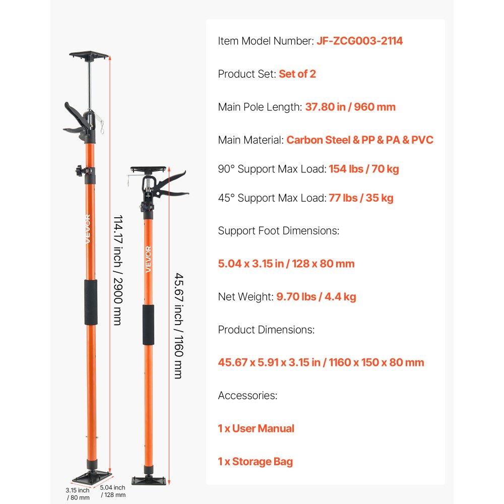VEVOR Cabinet Jack Support Pole, 2-Pack, 116-290 cm Steel Telescopic Quick Support Rod, Adjustable 3rd Hand System up to 70 kg Capacity for Installing Cabinets, Lifting Drywall, Cargo Bars
