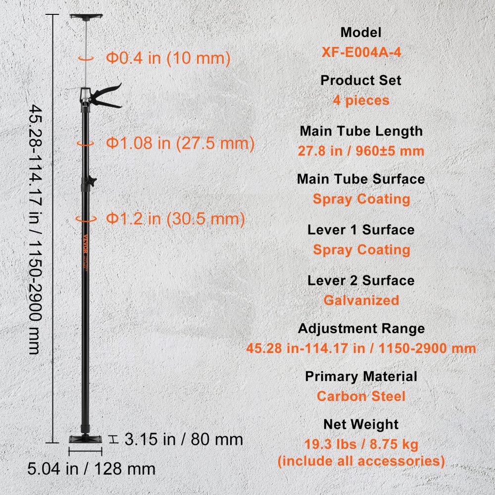 VEVOR Adjustable Support Pole, 4 Pcs 66 lbs Capacity 3rd Hand Support System, 45.2 in - 114.17 in Telescoping Support Pole, with Storage Bag, for Cabinet Jacks, Cargo Bars, Drywalls, Tire Jack