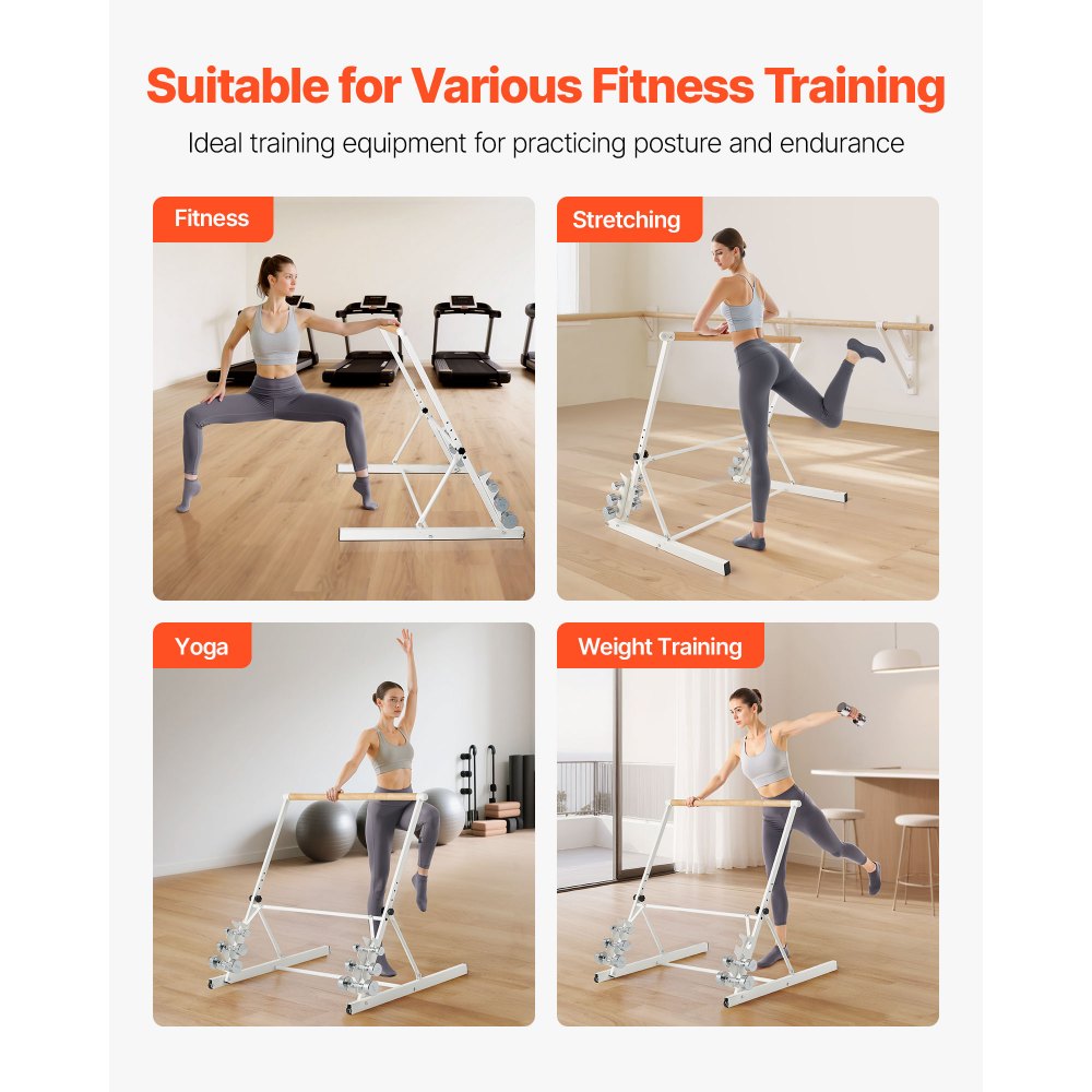 VEVOR Ballet Barre, Freestanding Portable Barre Bar, Home Fitness Exercise Equipment for Abs, Arms, Strength, and Cardio, Easy to Store Foldable Stretching Dance Bars, 4 Level Height Adjustable