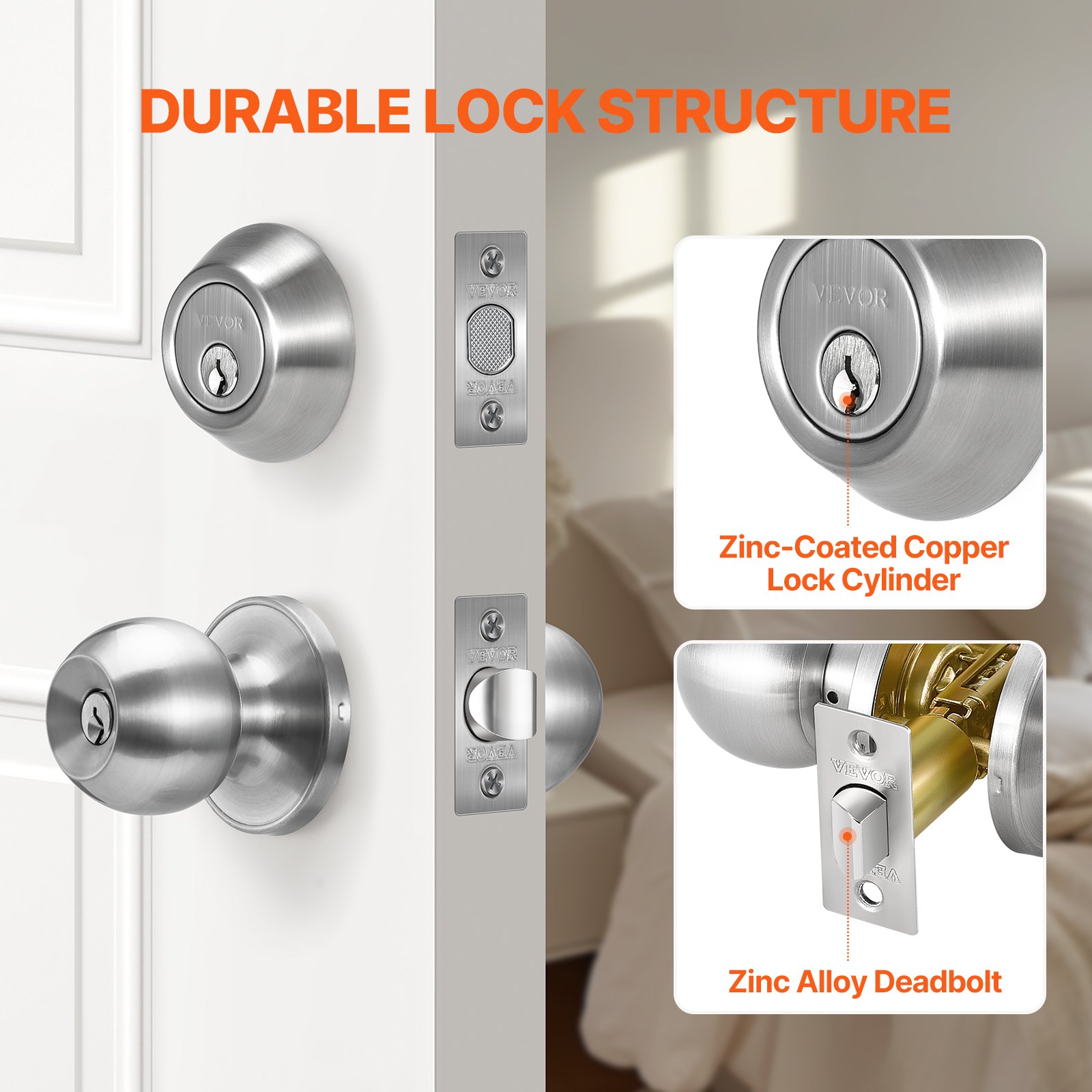 VEVOR Door Knob and Deadbolt Set, Satin Nickel Entry Door Knob and Single Cylinder Deadbolt Combo Pack, Fit for 1-3/8" to 1-3/4" Door Thickness, Door Lockset with Deadbolt for Entrance and Front Door