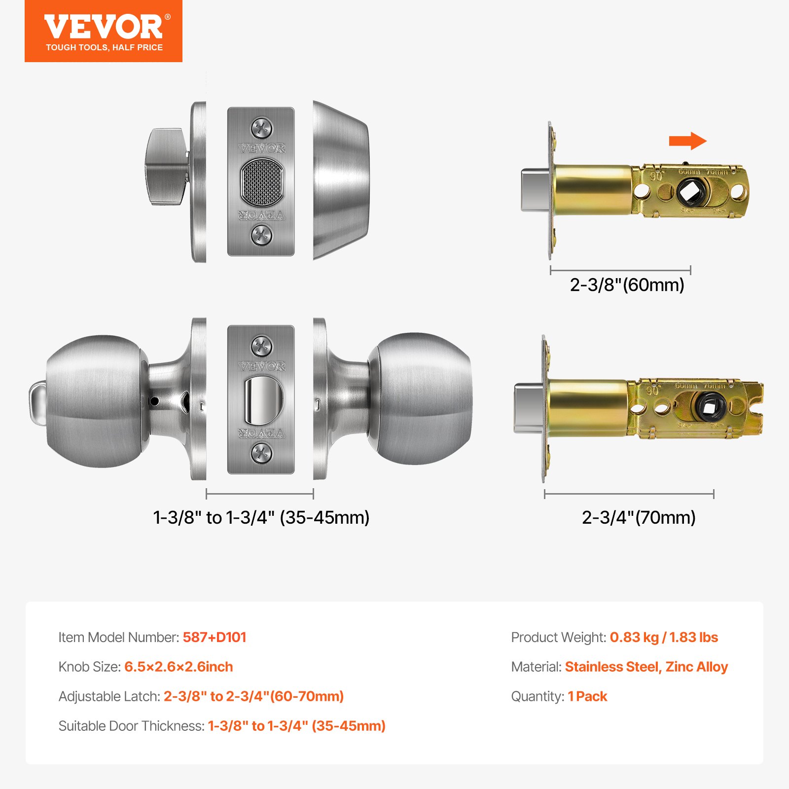 VEVOR Door Knob and Deadbolt Set, Satin Nickel Entry Door Knob and Single Cylinder Deadbolt Combo Pack, Fit for 1-3/8" to 1-3/4" Door Thickness, Door Lockset with Deadbolt for Entrance and Front Door