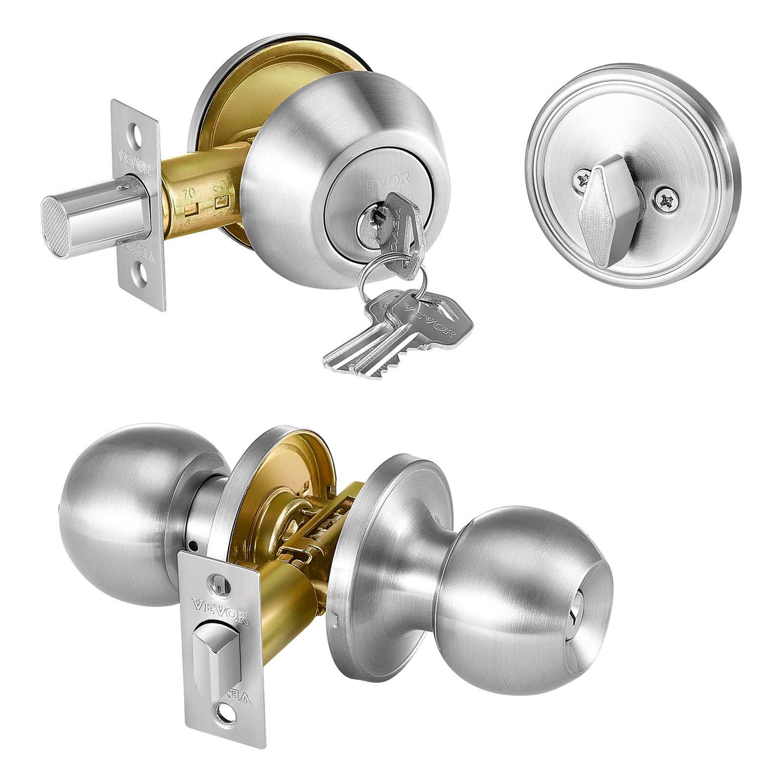 VEVOR Door Knob and Deadbolt Set, Satin Nickel Entry Door Knob and Single Cylinder Deadbolt Combo Pack, Fit for 1-3/8" to 1-3/4" Door Thickness, Door Lockset with Deadbolt for Entrance and Front Door