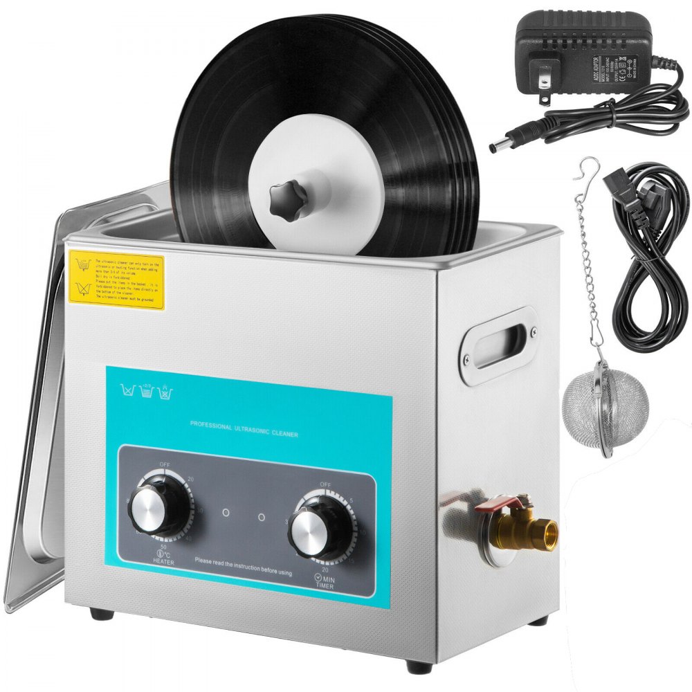 VEVOR Nettoyeur de disques vinyles à ultrasons 6 L 40 kHz Machine de nettoyage à ultrasons en vinyle Bouton de contrôle d'enregistrement Nettoyeur à ultrasons 8 disques Nettoyeur sonique en vinyle Réservoir en acier inoxydable avec chauffage mécanique et minuterie