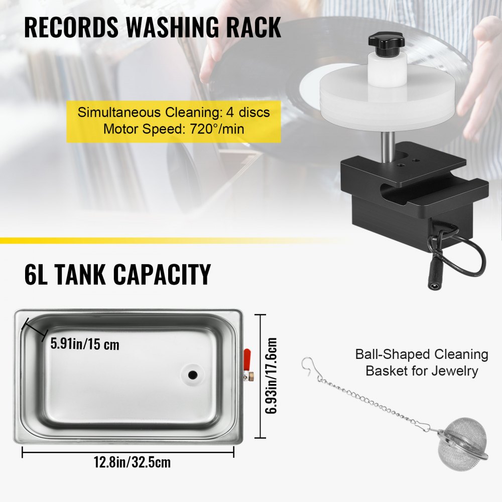 VEVOR Ultrasonic Vinyl Record Cleaner 6L 40kHz Vinyl Ultrasonic Cleaning Machine Knob Control Record Ultrasonic Cleaner 4 Records Vinyl Sonic Cleaner Stainless Steel Tank with Mechanical Heater & Time