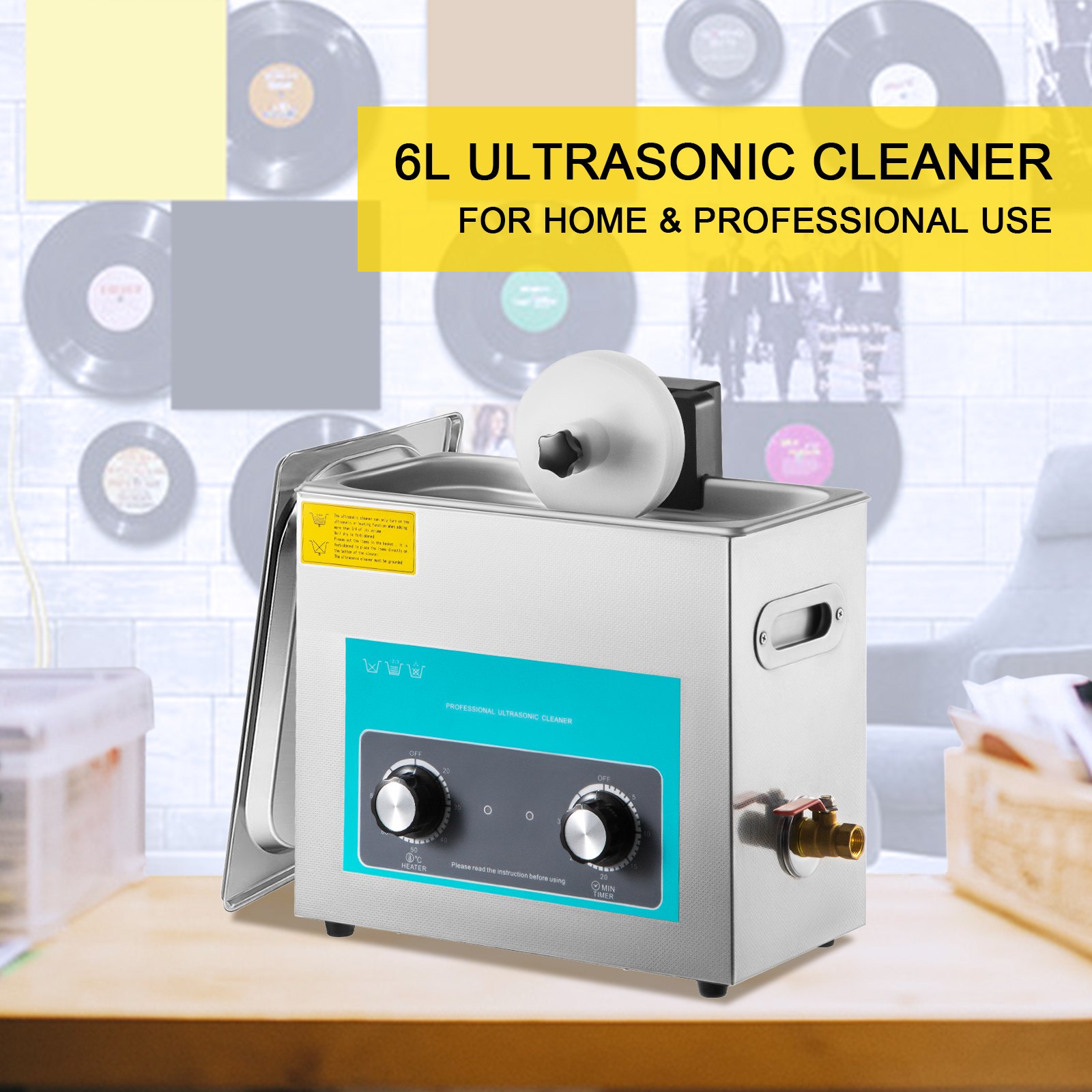 VEVOR Ultrasonic Vinyl Record Cleaner 6L 40kHz Vinyl Ultrasonic Cleaning Machine Knob Control Record Ultrasonic Cleaner 4 Records Vinyl Sonic Cleaner Stainless Steel Tank with Mechanical Heater & Time