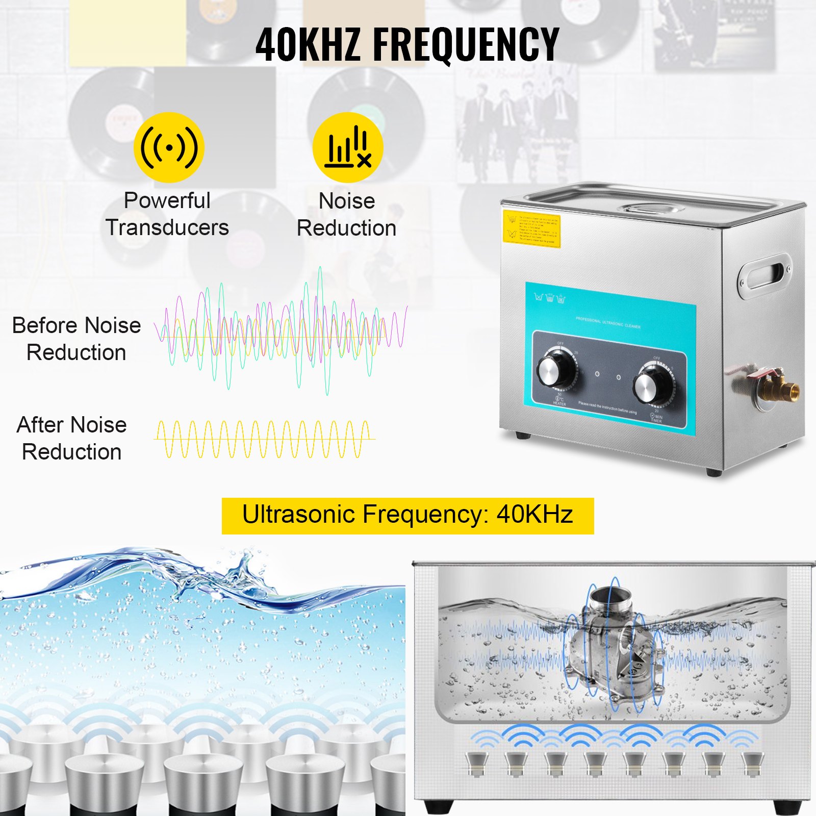VEVOR Ultrasonic Vinyl Record Cleaner 6L 40kHz Vinyl Ultrasonic Cleaning Machine Knob Control Record Ultrasonic Cleaner 4 Records Vinyl Sonic Cleaner Stainless Steel Tank with Mechanical Heater & Time