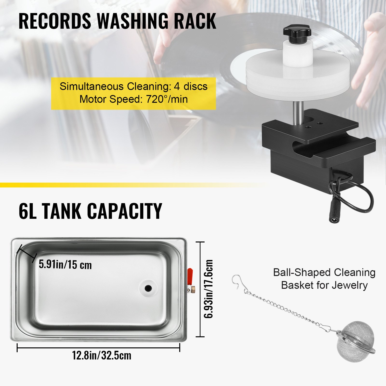 VEVOR Ultrasonic Vinyl Record Cleaner 6L 40kHz Vinyl Ultrasonic Cleaning Machine Knob Control Record Ultrasonic Cleaner 4 Records Vinyl Sonic Cleaner Stainless Steel Tank with Mechanical Heater & Time