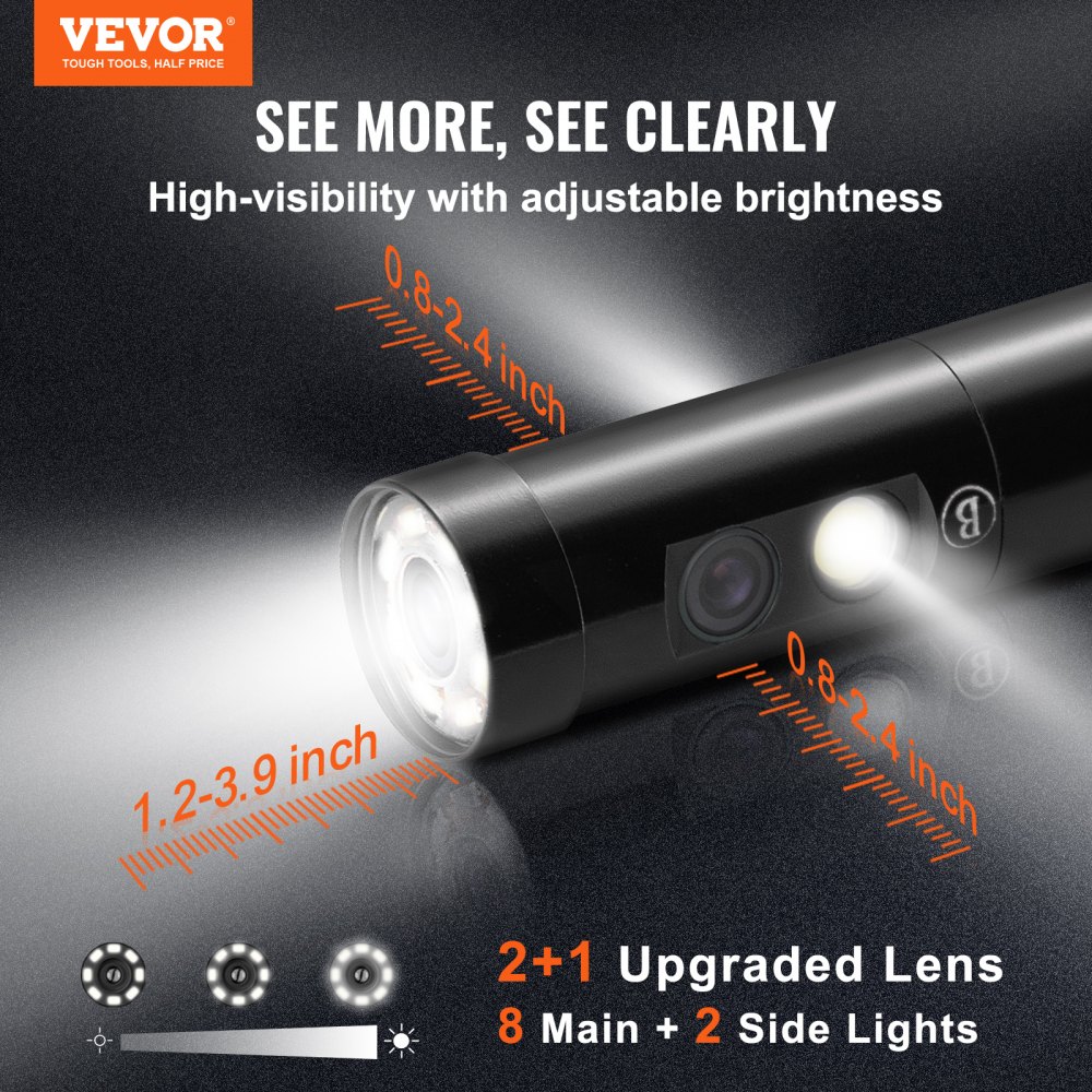 VEVOR endoskopkamera med tre objektiver, 4,5" IPS-skjerm Borescope-inspeksjonskamera med 1080P-objektiv, halvstiv slangekabel, 8 lys, 2860 mAh batteri, vanntett endoskop for auto, vegg, avløp