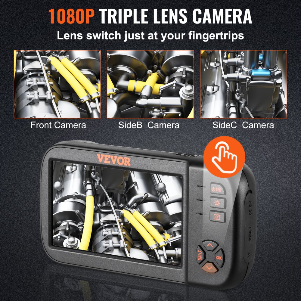 VEVOR endoskopkamera med tre objektiver, 4,5" IPS-skjerm Borescope-inspeksjonskamera med 1080P-objektiv, halvstiv slangekabel, 8 lys, 2860 mAh batteri, vanntett endoskop for auto, vegg, avløp