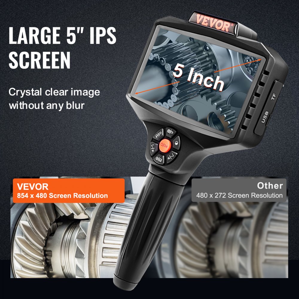 VEVOR Triple Lens Inspection Camera with Light, 5" IPS Screen Industrial Borescope, 8X Zoom 1080P HD Split Screen, 10 LED Lights Scope Camera for Automotive, Plumbing(16.5FT)
