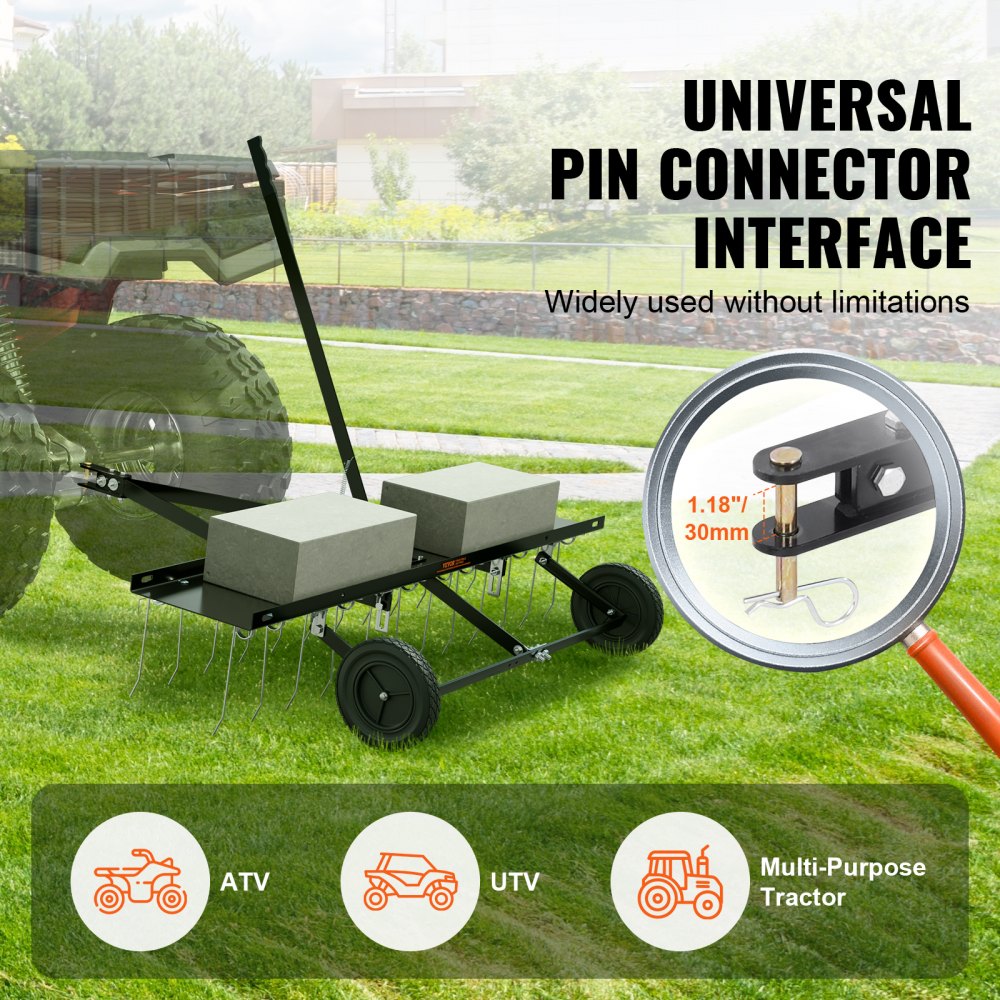 VEVOR Tow Behind Dethatcher, 1219mm Tow Dethatcher with 24 Spring Steel Tines, Lawn Dethatcher Rake for ATV or Mower, Tow Behind Lawn Rake with Lift Handle for Garden Farm Grass