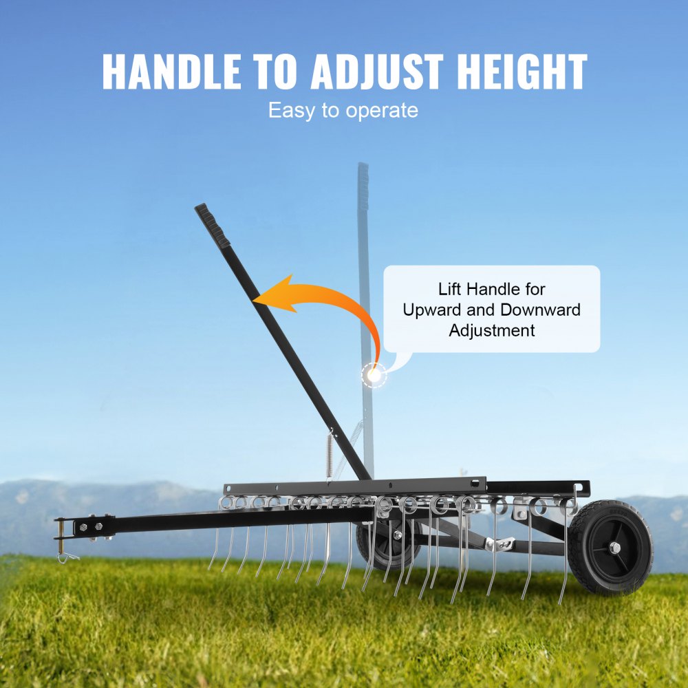 VEVOR Tow Behind Dethatcher, 1219mm Tow Dethatcher with 24 Spring Steel Tines, Lawn Dethatcher Rake for ATV or Mower, Tow Behind Lawn Rake with Lift Handle for Garden Farm Grass